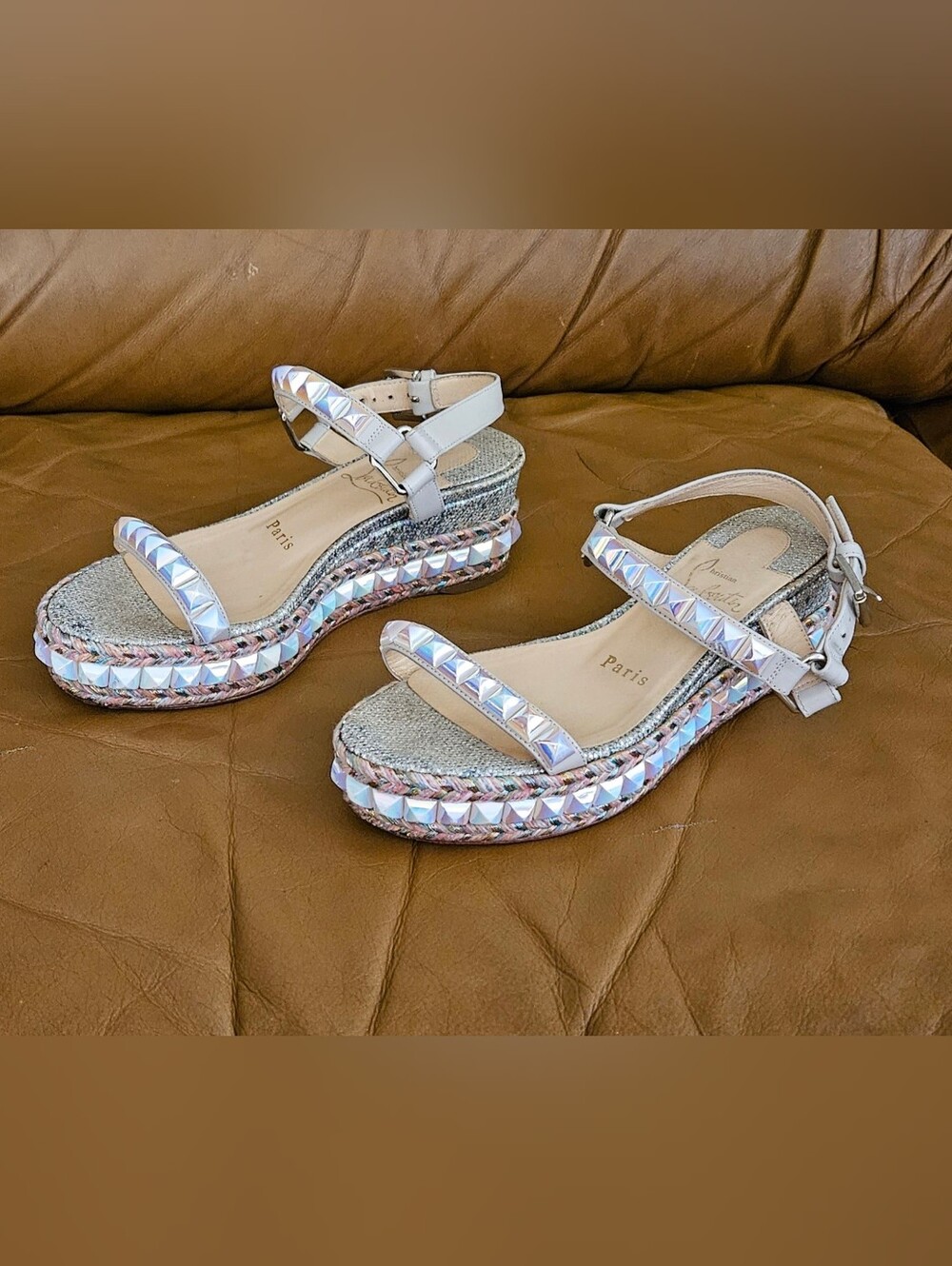 Christian Louboutin White Iridescent Studded Platform Sandals Size 4 US